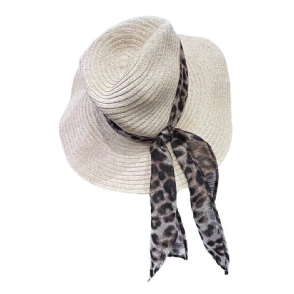 Boho Wide Brim Sun‎ Hat Animal Print Scarf Floppy Hat Beach Pool Vacation Travel